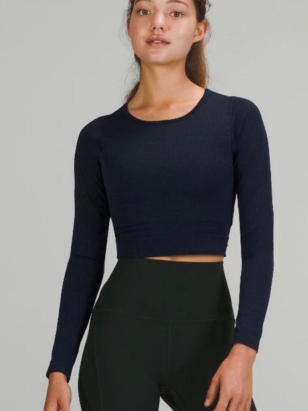 Lululemon Ebb To Street Long Sleeve Ribbed Cropped in Navy with Built In Bra